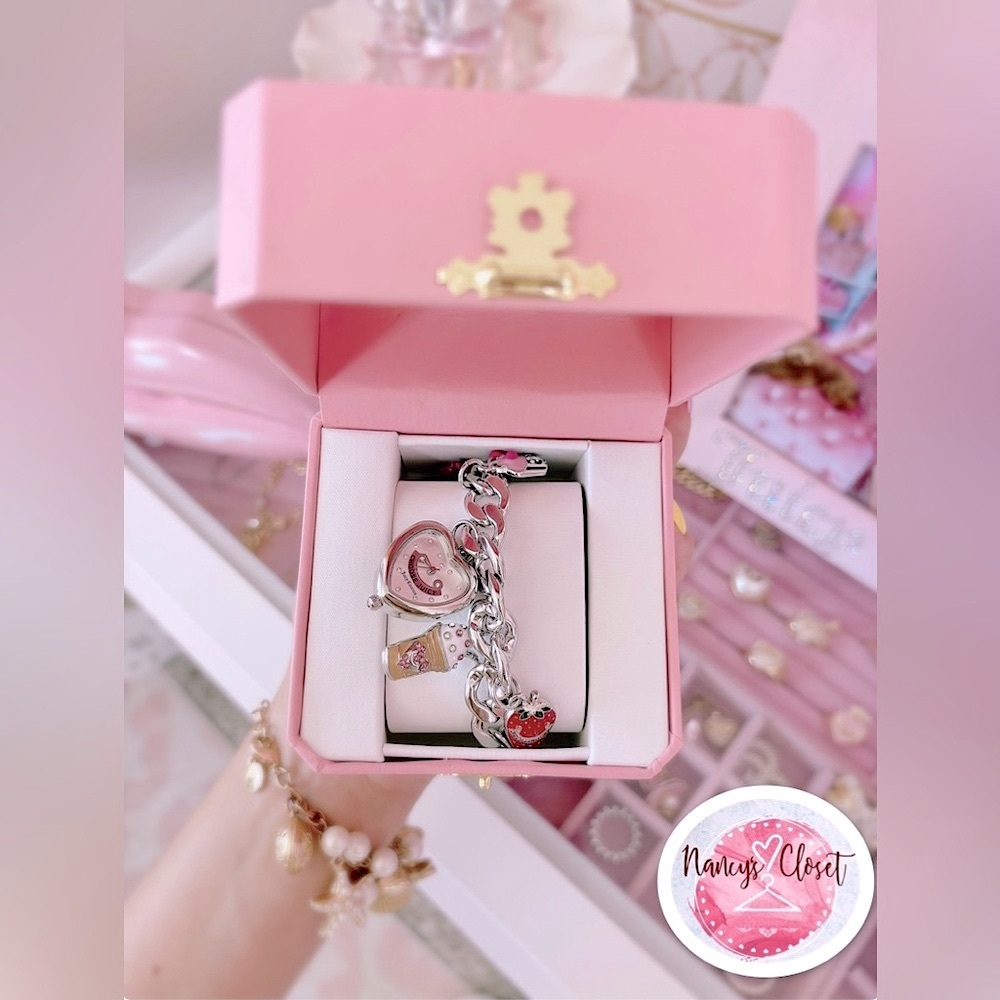 Juicy Couture Silver and Pink Charm Bracelet Watch